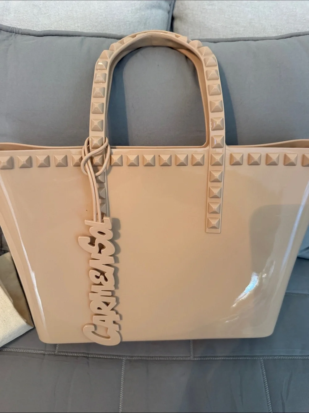 Patent Beige Stud-Trim Tote with Logo Charm